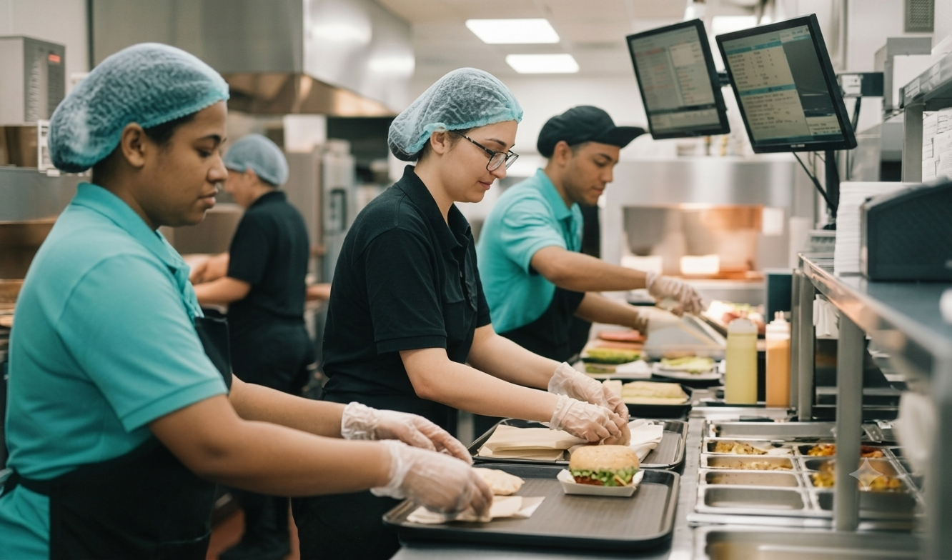 Kitchen operations with order-tracking screens during service